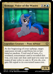 Size: 375x523 | Tagged: safe, artist:theastralwanderer, editor:mordekaiserhuehuehue, oc, oc only, oc:homage, pony, unicorn, fallout equestria, fanfic, fanfic art, female, horn, lying, magic the gathering, mare, microphone, smiling, solo, trading card, trading card edit