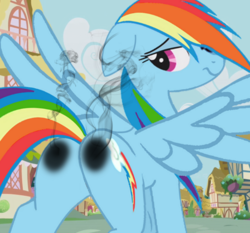 Size: 900x838 | Tagged: safe, edit, edited screencap, screencap, rainbow dash, pegasus, pony, boast busters, g4, abuse, bedroom eyes, burned, burned butt, butt, buttcheeks, dashabuse, electrixie, featureless crotch, female, implied trixie, irritated, literal butthurt, mare, on fire, outdoors, plot, ponyville, pun, rainbow dash is not amused, scorched, singed, smoke, solo, stupid sexy rainbow dash, this ended in fire, this is going to hurt, unamused, visual pun