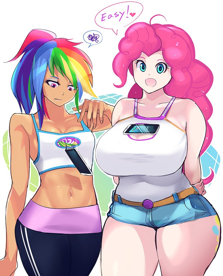 1373705 - suggestive, artist:chigusa, pinkie pie, rainbow dash, human, g4, belly  button, big breasts, breast envy, breasts, busty pinkie pie, cellphone,  clothes, curvy, cutie mark on human, daisy dukes, female, huge breasts