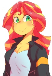 Size: 1408x2048 | Tagged: safe, artist:koto, sunset shimmer, equestria girls, g4, clothes, cute, female, jacket, leather jacket, pixiv, shimmerbetes, simple background, smiling, solo, white background