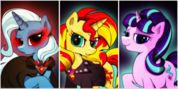 Size: 2767x1381 | Tagged: safe, artist:dsana, starlight glimmer, sunset shimmer, trixie, pony, unicorn, g4, alicorn amulet, clothes, counterparts, dark magic, equestria girls outfit, magic, raised hoof, sombra eyes, twilight's counterparts