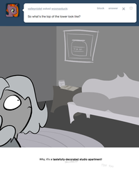 Size: 666x833 | Tagged: safe, artist:egophiliac, princess luna, moonstuck, g4, apartment, ask, couch, female, filly, food, grayscale, jam, monochrome, solo, tumblr, tumblr comic, woona, woonoggles, younger