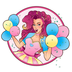 Size: 4962x4962 | Tagged: safe, artist:amy-hands, pinkie pie, human, g4, absurd resolution, balloon, beautiful, blue eyes, colored pupils, confetti, cute, eyeshadow, female, frame, humanized, lipstick, makeup, open mouth, pink hair, simple background, solo, white background