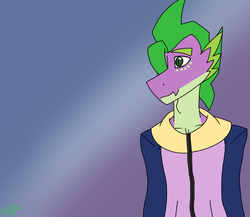 Size: 1006x872 | Tagged: safe, artist:moonaknight13, spike, dragon, g4, adult spike, clothes, male, older, simple background, smiling, solo, spikelove