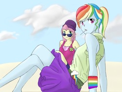 Size: 4096x3072 | Tagged: safe, artist:flutterzbk, fluttershy, rainbow dash, human, g4, alternate hairstyle, candy, clothes, cute, food, high res, humanized, lollipop, pony coloring, ponytail, shirt, sitting, skirt, tank top