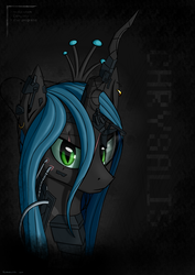 Size: 2893x4092 | Tagged: safe, artist:koshakevich, queen chrysalis, changeling, changeling queen, cyborg, g4, crown, ear piercing, earring, female, high res, jewelry, looking at you, piercing, regalia, scar, solo