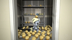 Size: 1920x1080 | Tagged: safe, artist:officialnovalin, derpy hooves, pegasus, pony, g4, 3d, cable, female, food, lidded eyes, mare, muffin, prone, solo, the stanley parable