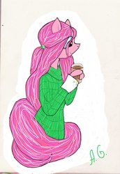 Size: 745x1080 | Tagged: safe, artist:alenagnatchenko, pinkie pie, earth pony, anthro, g4, alternate hairstyle, clothes, female, solo, sweater, traditional art