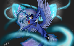 Size: 1024x640 | Tagged: safe, artist:feathershine1, princess luna, g4, angry, fangs, female, magic, nightmare luna, solo, space, spread wings