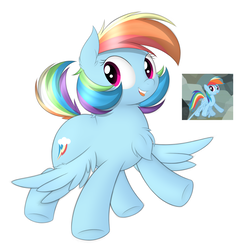 Size: 1800x1800 | Tagged: dead source, safe, artist:php66, screencap, rainbow dash, pony, g4, may the best pet win, alternate hairstyle, chest fluff, cute, dashabetes, flying, short mane, short tail, simple background, solo
