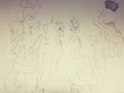 Size: 4032x3024 | Tagged: safe, artist:straightgrinza, chancellor puddinghead, clover the clever, commander hurricane, princess celestia, princess luna, princess platinum, private pansy, smart cookie, g4, high res, monochrome, traditional art, younger