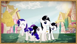 Size: 1982x1142 | Tagged: safe, artist:barrfind, rarity, oc, oc:amicus, oc:barrfind, oc:silver, pony, unicorn, g4, canon x oc, cutie mark, family, female, male, offspring, parent:oc:barrfind, parent:rarity, parents:canon x oc, ponyville, rarifind, shipping, smiling, straight, vector