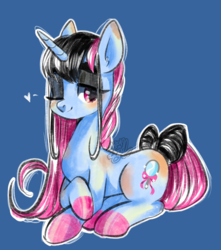 Size: 1024x1160 | Tagged: safe, artist:snow angel, oc, oc only, oc:lily mirror, pony, unicorn, bowtie, female, mare, one eye closed, prone, simple background, solo, watermark, wink