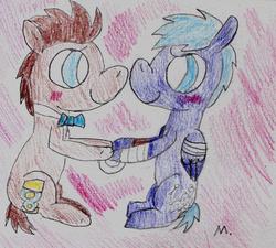 Size: 1362x1227 | Tagged: safe, artist:ptitemouette, doctor whooves, star hunter, time turner, earth pony, pony, g4, bandage, gay, male, shipping, stallion, stardoc, traditional art