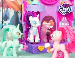 Size: 2000x1555 | Tagged: safe, lyra heartstrings, pinkie pie, rarity, g4, official, brushable, irl, my little pony logo, photo, toy