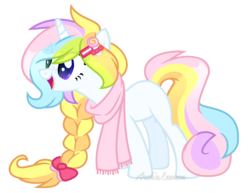 Size: 1060x818 | Tagged: safe, artist:lnspira, oc, oc only, oc:pop cake, pony, unicorn, bow, braid, clothes, female, hair bow, heterochromia, mare, scarf, simple background, solo, transparent background