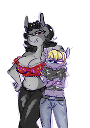 Size: 1280x1810 | Tagged: safe, artist:helloiamyourfriend, oc, oc only, oc:dinnea, oc:edgy cut, anthro, belly button, breasts, cleavage, crossed arms, donkey oc, ear fluff, female, frown, height difference, leaning, looking at you, midriff, scar, simple background, sketch, smiling, white background