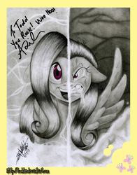 Size: 999x1277 | Tagged: safe, artist:todd18, fluttershy, pegasus, pony, two sided posters, g4, andrea libman, autograph, female, flutterrage, mare, split screen, traditional art, two sides