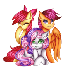 Size: 2664x2822 | Tagged: safe, artist:kurochhi, apple bloom, scootaloo, sweetie belle, g4, :3, bow, cute, cutie mark crusaders, high res, one eye closed, prone, raised eyebrow, raised hoof, simple background, smiling, transparent background, trio, wink