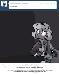 Size: 666x833 | Tagged: safe, artist:egophiliac, princess luna, moonstuck, g4, ask, cartographer's muffler, female, filly, floppy ears, grayscale, marauder's mantle, monochrome, pillow, pillow fort, sad, sitting, solo, tumblr, tumblr comic, woona, younger