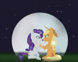Size: 1000x800 | Tagged: safe, artist:eulicious, applejack, rarity, g4, female, grass, holding hooves, lesbian, looking at each other, moon, ship:rarijack, shipping, stars