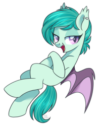 Size: 2185x2784 | Tagged: safe, artist:hawthornss, oc, oc only, oc:deon, bat pony, pony, bedroom eyes, blank flank, cute, cute little fangs, ear fluff, ear piercing, earring, fangs, high res, jewelry, looking at you, open mouth, piercing, simple background, solo, transparent background