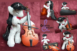 Size: 3872x2592 | Tagged: safe, artist:baraka1980, octavia melody, earth pony, pony, g4, bipedal, bow (instrument), bowtie, cello, cello bow, cello case, eyes closed, high res, irl, musical instrument, photo, plushie, solo