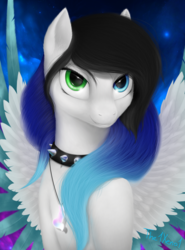 Size: 1000x1350 | Tagged: safe, artist:the1xeno1, oc, oc only, pegasus, pony, collar, female, mare, multicolored hair, multicolored iris, solo, spiked collar