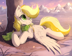 Size: 1280x981 | Tagged: dead source, safe, artist:hioshiru, oc, oc only, oc:dandelion blossom, pegasus, pony, chromatic aberration, clothes, commission, ear fluff, evening, female, looking up, mare, mountain, prone, scarf, smiling, snow, snowfall, solo, spread wings, tree, ych result