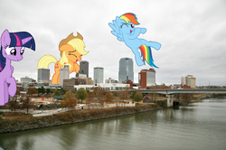 Size: 1280x850 | Tagged: safe, artist:dashiesparkle, artist:logan859, artist:proenix, applejack, rainbow dash, twilight sparkle, alicorn, pony, g4, arkansas, flying, giant pony, happy, highrise ponies, irl, laughing, little rock, macro, one eye closed, photo, ponies in real life, twilight sparkle (alicorn), wink