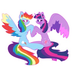 Size: 1008x1008 | Tagged: safe, artist:vanillaswirl6, rainbow dash, twilight sparkle, alicorn, pony, g4, blushing, colored pupils, colored wings, duo, ear fluff, female, holding hooves, lesbian, looking at each other, multicolored wings, ship:twidash, shipping, simple background, twilight sparkle (alicorn), white background