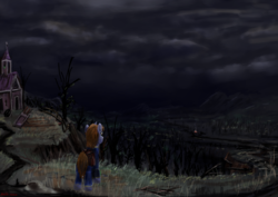 Size: 2480x1753 | Tagged: safe, artist:anttosik, oc, oc only, oc:littlepip, pony, unicorn, fallout equestria, campfire, clothes, cloud, dark clouds, dead tree, fanfic, fanfic art, female, horn, jumpsuit, mare, pipbuck, scenery, solo, sweet apple acres, tree, vault suit, wasteland