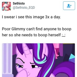 Size: 540x539 | Tagged: safe, starlight glimmer, pony, unicorn, g4, no second prances, boop, female, glimmerposting, lidded eyes, mare, meta, self-boop, sethisto, text, twitter