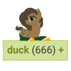 Size: 1080x1072 | Tagged: safe, artist:binkyt11, artist:the smiling pony, derpibooru exclusive, oc, oc only, oc:duck badge, duck, pegasus, pony, derpibooru, 666, clothes, derpibooru ponified, derpimilestone, eyeshadow, female, freckles, illuminati confirmed, looking at you, makeup, mare, medibang paint, meme, meta, op, ponified, prone, simple background, socks, solo, tags, transparent background
