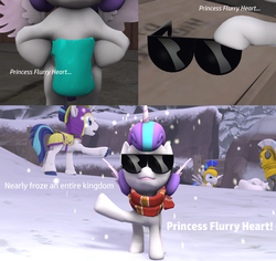 Size: 1920x1812 | Tagged: safe, artist:red4567, princess flurry heart, shining armor, g4, 3d, baby, clothes, diaper, princess punny heart, royal guard, scarf, snow, snowball, snowball fight, source filmmaker, sunglasses