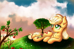 Size: 3000x2000 | Tagged: safe, artist:shogundun, apple bloom, applejack, earth pony, pony, g4, apple, cute, female, food, freckles, fruit, giant pony, grass field, high res, macro, missing accessory, signature, sisters, sunset, tree