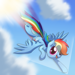 Size: 2743x2743 | Tagged: safe, artist:supercoco142, rainbow dash, g4, cloud, female, flying, high res, rainbow trail, smiling, solo