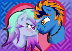 Size: 1024x723 | Tagged: safe, artist:blues4th, oc, oc only, oc:blues, oc:dancing swirl, blueswirl, blushing, couple, cute, heart, jewelry, love, necklace, smiling