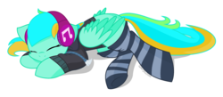 Size: 2556x1112 | Tagged: safe, artist:glitterstar2000, oc, oc only, pegasus, pony, clothes, eyes closed, female, headphones, mare, prone, simple background, sleeping, socks, solo, striped socks, white background