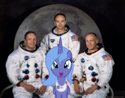 Size: 2639x2077 | Tagged: safe, artist:badumsquish, derpibooru exclusive, princess luna, alicorn, human, pony, g4, buzz aldrin, female, first contact, folded wings, group shot, happy, high res, irl, irl human, male, michael collins, moon, nasa, neil armstrong, open mouth, photo, ponies in real life, pose, s1 luna, sitting, smiling
