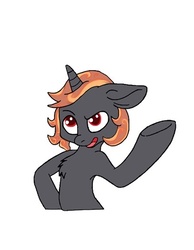 Size: 407x524 | Tagged: safe, artist:pizzamovies, oc, oc only, oc:incendia, pony, unicorn, fanfic:antipodes, chest fluff, cocked eyebrow, female, floppy ears, mare, raised hoof, sarcasm, sassy, simple background, smiling, solo, white background