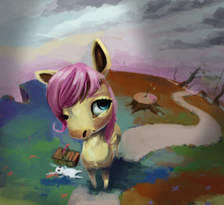 Size: 1421x1301 | Tagged: safe, artist:toisanemoif, angel bunny, fluttershy, g4, basket, looking away, looking up, one eye closed, path, perspective, picnic basket