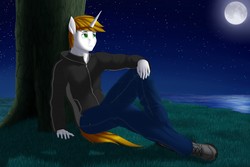 Size: 1280x853 | Tagged: safe, artist:paburrito, oc, oc only, anthro, plantigrade anthro, against tree, clothes, handsome, male, moonlight, pants, scenery, shoes, sitting, solo, stars, tree, under the tree