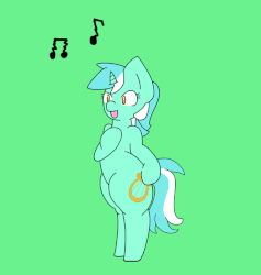Size: 568x600 | Tagged: safe, artist:lou, lyra heartstrings, pony, unicorn, g4, animated, bipedal, eyes closed, female, gif, green background, music notes, open mouth, simple background, singing, smiling, solo
