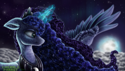 Size: 2560x1440 | Tagged: safe, artist:emeraldparrot, princess luna, alicorn, pony, g4, cloud, detailed, female, floppy ears, fluffy, flying, magic, solo, sparkling, stars