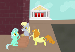 Size: 2048x1428 | Tagged: safe, artist:ragmo, carrot top, derpy hooves, golden harvest, lyra heartstrings, pegasus, pony, g4, crate, female, mare
