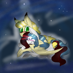 Size: 2560x2560 | Tagged: safe, artist:brokensilence, oc, oc only, oc:mira songheart, oc:noctis, blushing, cute, high res, night, night sky, noctira, shipping, sky, smiling, snuggling