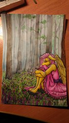 Size: 1215x2160 | Tagged: safe, artist:stirren, fluttershy, anthro, unguligrade anthro, g4, clothes, dress, female, forest, sad, sadness, sitting, solo, traditional art, tree