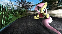 Size: 1024x576 | Tagged: safe, artist:tridashie27, fluttershy, g4, 3d, eating, female, food, herbivore, plant, rock, solo, tree, watermelon