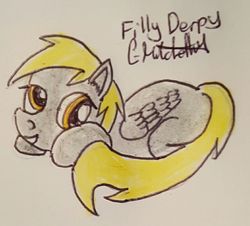 Size: 1034x936 | Tagged: safe, artist:rapidsnap, derpy hooves, pegasus, pony, g4, cute, derpabetes, female, filly, looking at you, lying, solo, traditional art